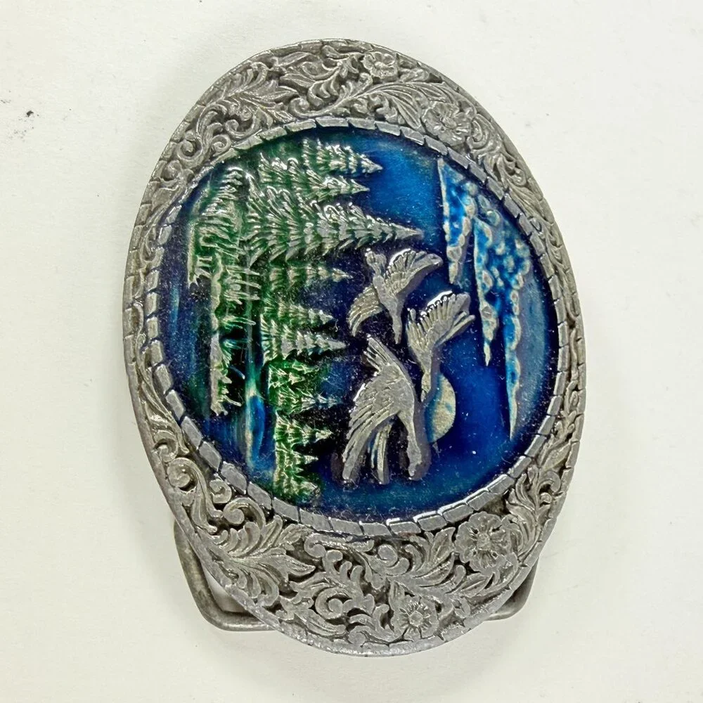 Vintage Wildlife Geese Belt Buckle Indiana Metal Craft 1982 Froz'n Color